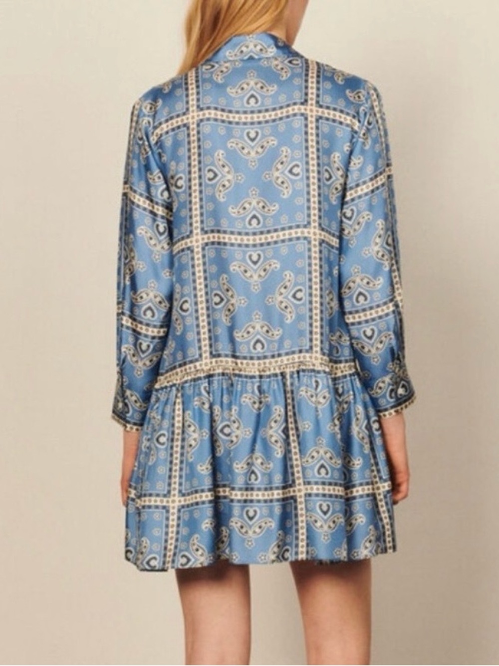 Sandro Blue Paisley Drop-Waist Long-Sleeve Women's Dress - Picture 2 of 16